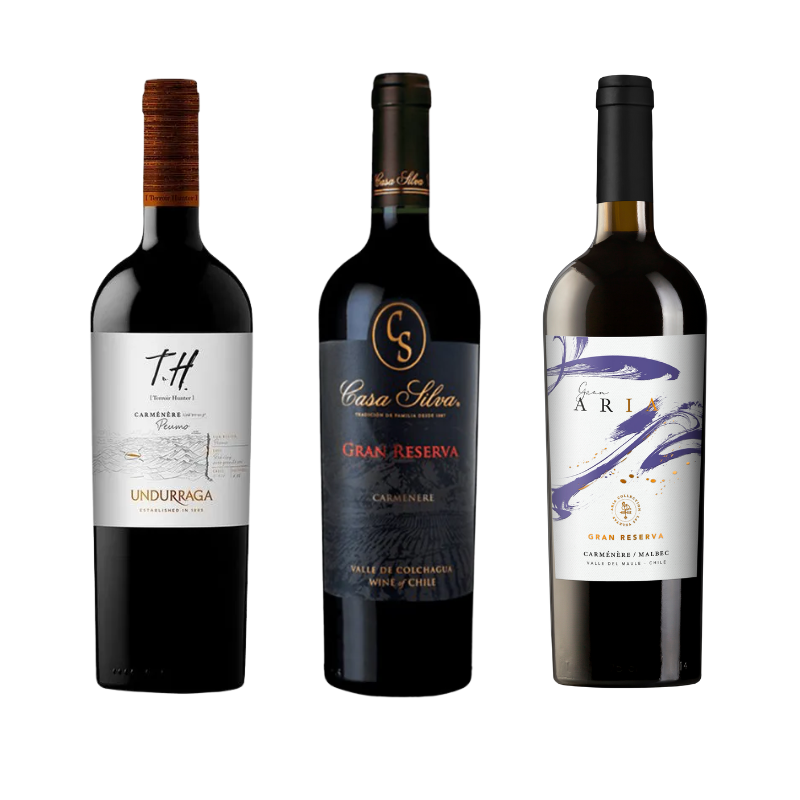 Pack 3 Vinos Carmenere: Undurraga TH Peumo + Casa Silva Gran Reserva + Gran Aria 750cc